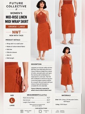 Future Collective Women’s Mid-Rise Linen Midi Wrap Skirt Orange Large NWT